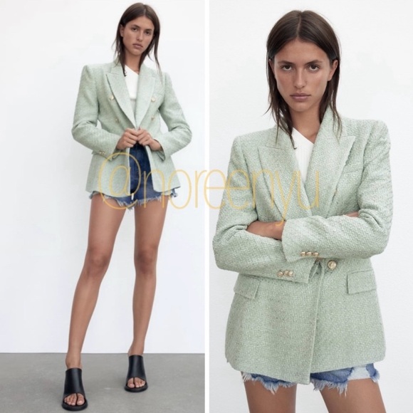 Zara Women's Light Green Tweed Blazer - Picture 2 of 5